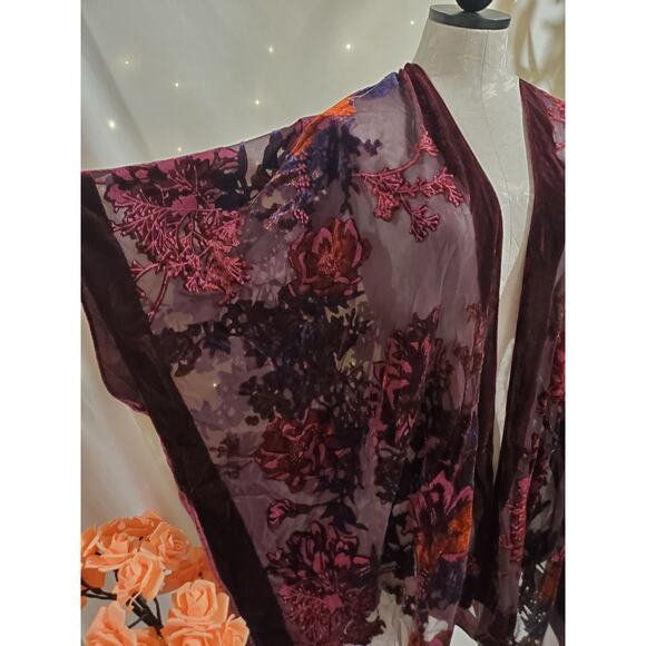 Wehello Womens Sheer Floral Velvet Burnout Open Kimono One Size Boho Hippie - Picture 5 of 12